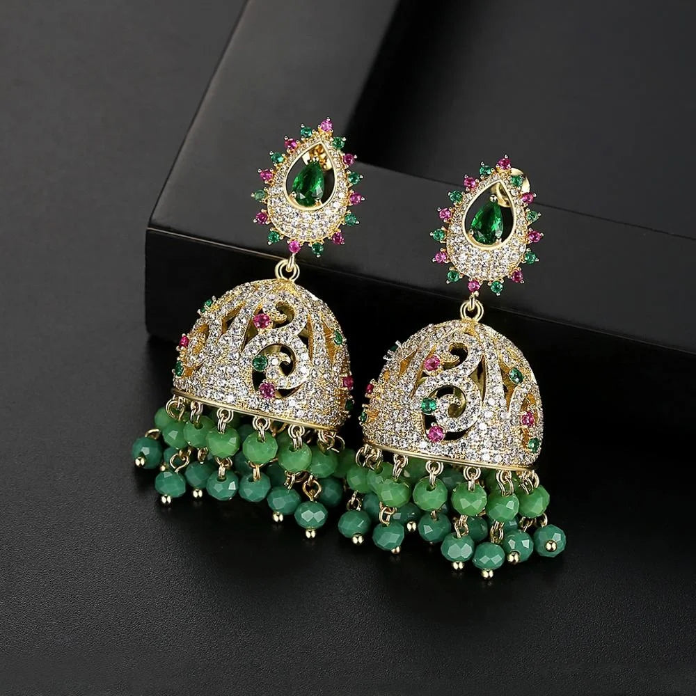 Vintage Gold Openwork Indian Jhumka Earrings Fashion Jewelry Women Party Wear Luxury Zirconia Teardrop Ear Stud Drop Earrings