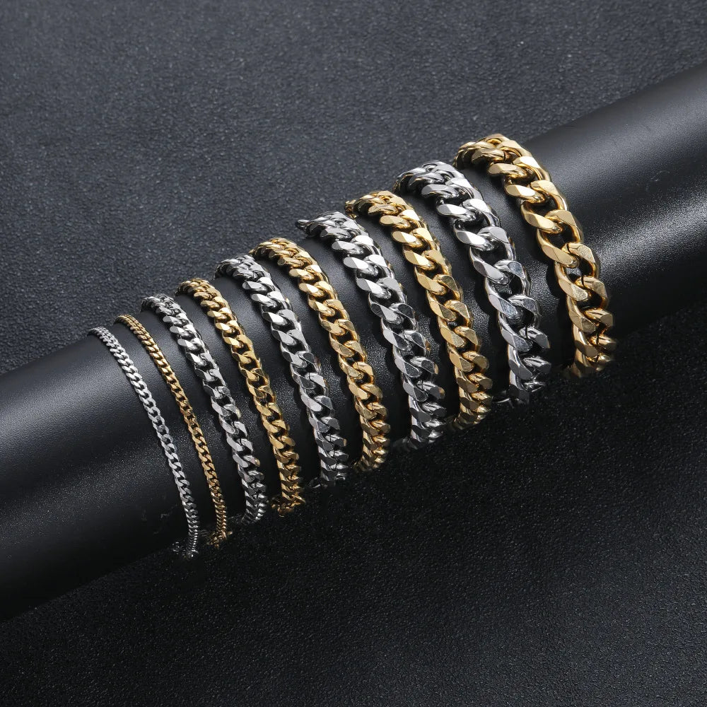 REDheart REBEL Fashion Hip Hop Jewelry Gold Silver Color 3/5/7/9/11mm Lobster Clasp Stainless Steel Cuban Link Bracelet for Women and Men