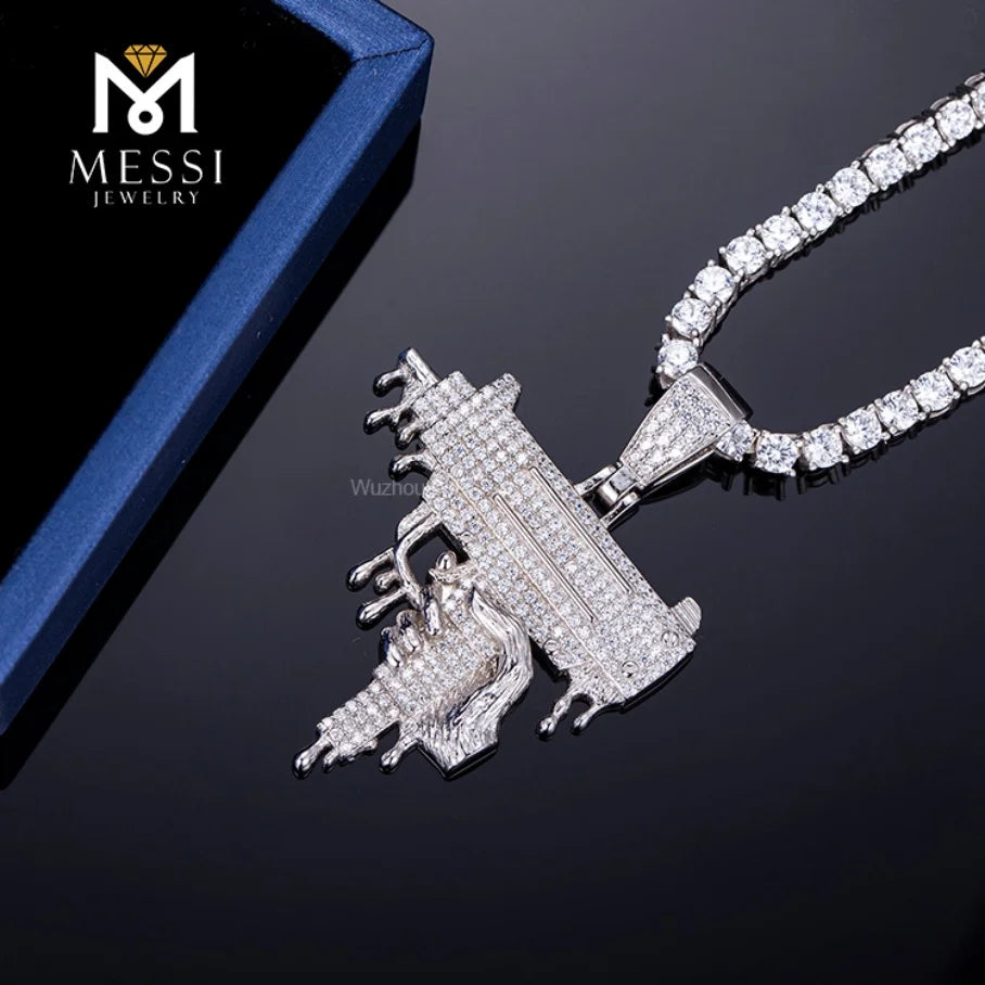 BiG-BOSS Messi Jewelry 925 Silver Jewelry Cz Stone Hip Hop Gun Pendant Necklace for Men