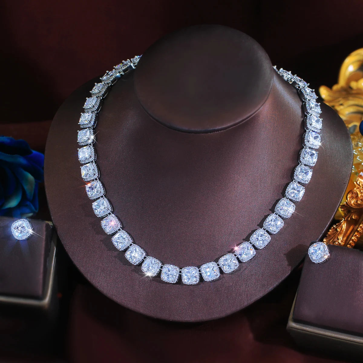 Multicolor CZ Set Rainbow Square Tennis Zircon Chain Link Necklace Earrings Set for Brides Wedding With Rhodium Plated Jewelry