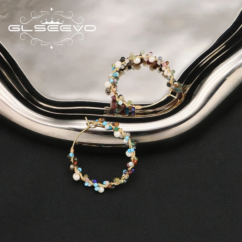 GLSEEVO 2022 Sells Hip Hop Colorful Natural Stone Gems Hoop Earrings Luxury Charm Women Gift Fine Jewelry Earrings