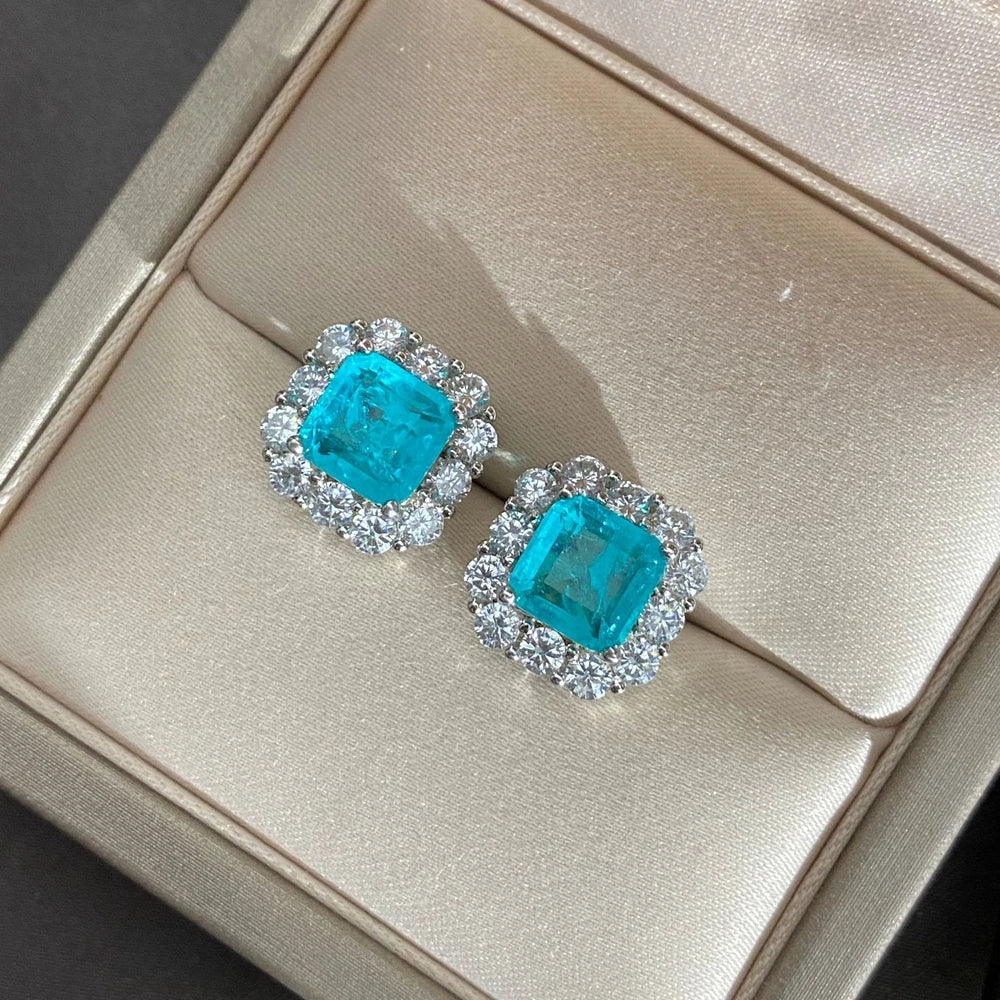 MUSHAN Jewelry Factory Hot Selling 925 Silver 2 Carat Synthetic Paraiba 7*7 Earrings Luxurious and Studded With Diamonds