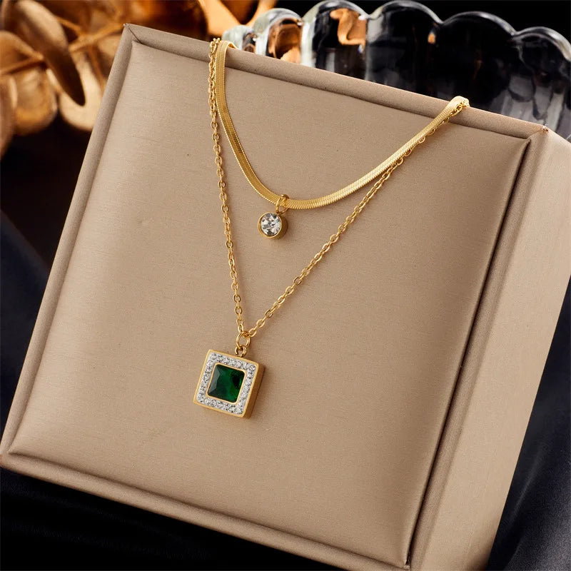 Gold Two-Layer Chain & Green Crystal Necklace & Bracelet Jewellery Set | Layered Luxury Set