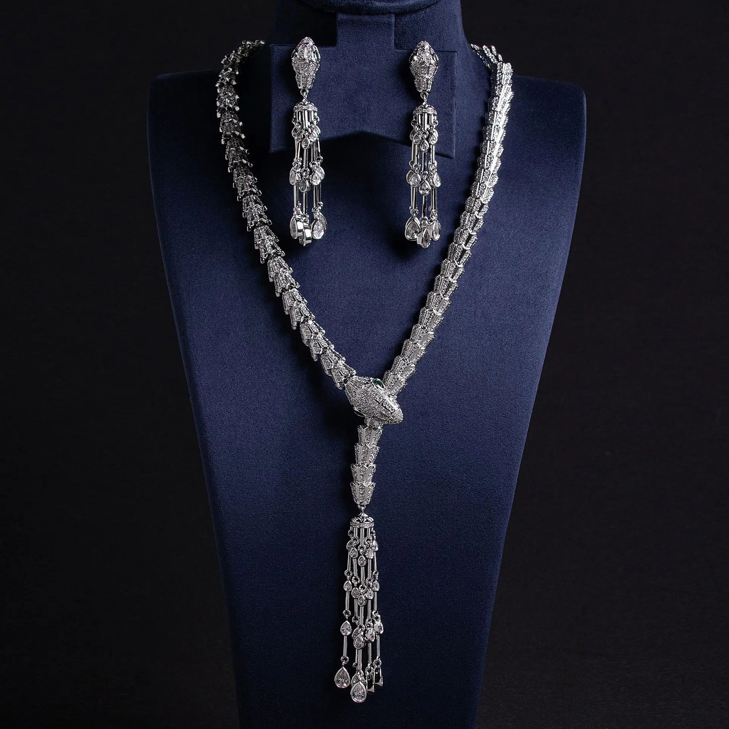 Luxury Pear-Cut Zirconia Snake Tassel Necklace & Earrings Bridal Set — Rhodium Plated