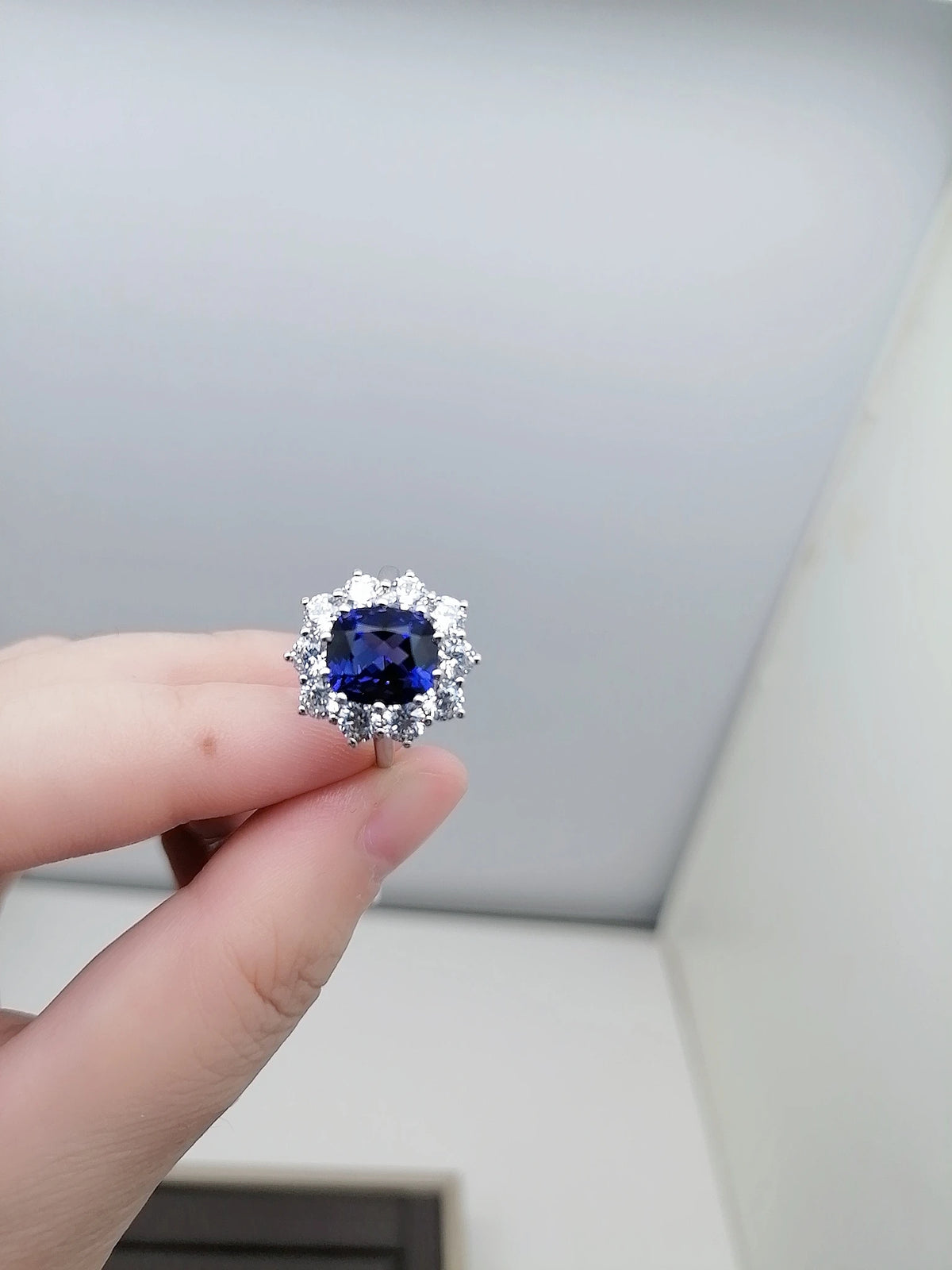 Gemfiori Custom Lab Grown Sapphire Engagement Rings Rhodium Plated Sterling Silver 925 Wedding & Party Vintage Style