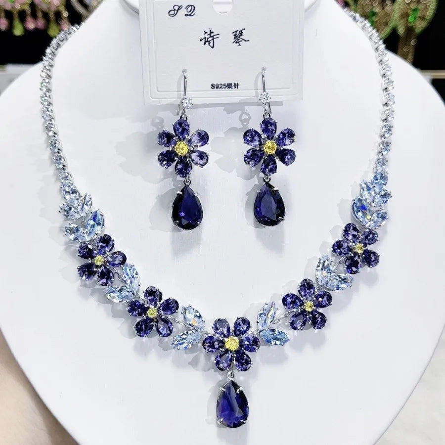 K087 Hot Selling Women Trendy Luxury Bridal Flower Blue Zircon Necklace Earrings Set Wedding Elegant Jewelry Set