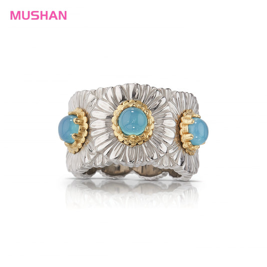 MUSHAN Jewelry Factory Women 925 Sterling Silver Daisy Ring with Blue Agate Opal Fine Jewelry Flower Rings for Anniversaries