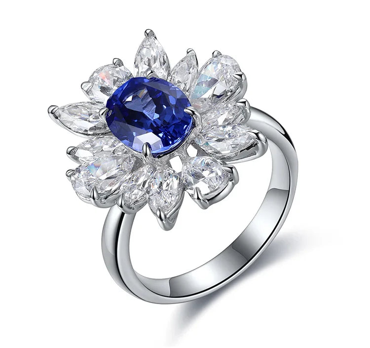 Gemfiori S925 Silver Cultivated Sapphire Ring Main Stone: 2.14CT Side Stones:6.6CT Weight:5.03 g