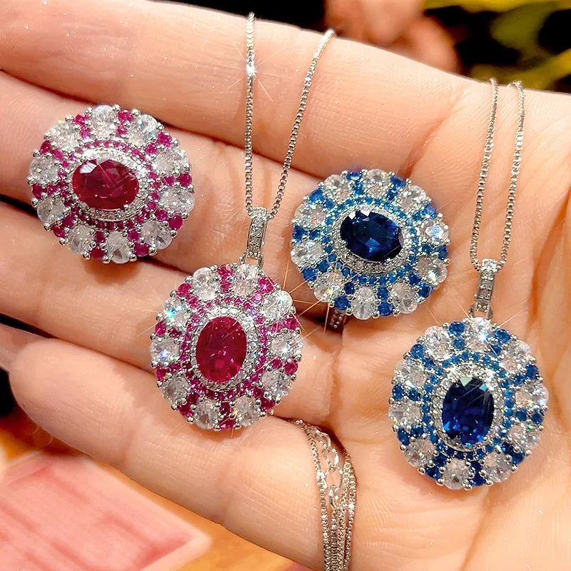 REDheart Women's Fashion Pearl Plated Rhodium/18K Gold Activity Ring Simulation Red Corundum Blue Spinel Egg Texture Pendant Set