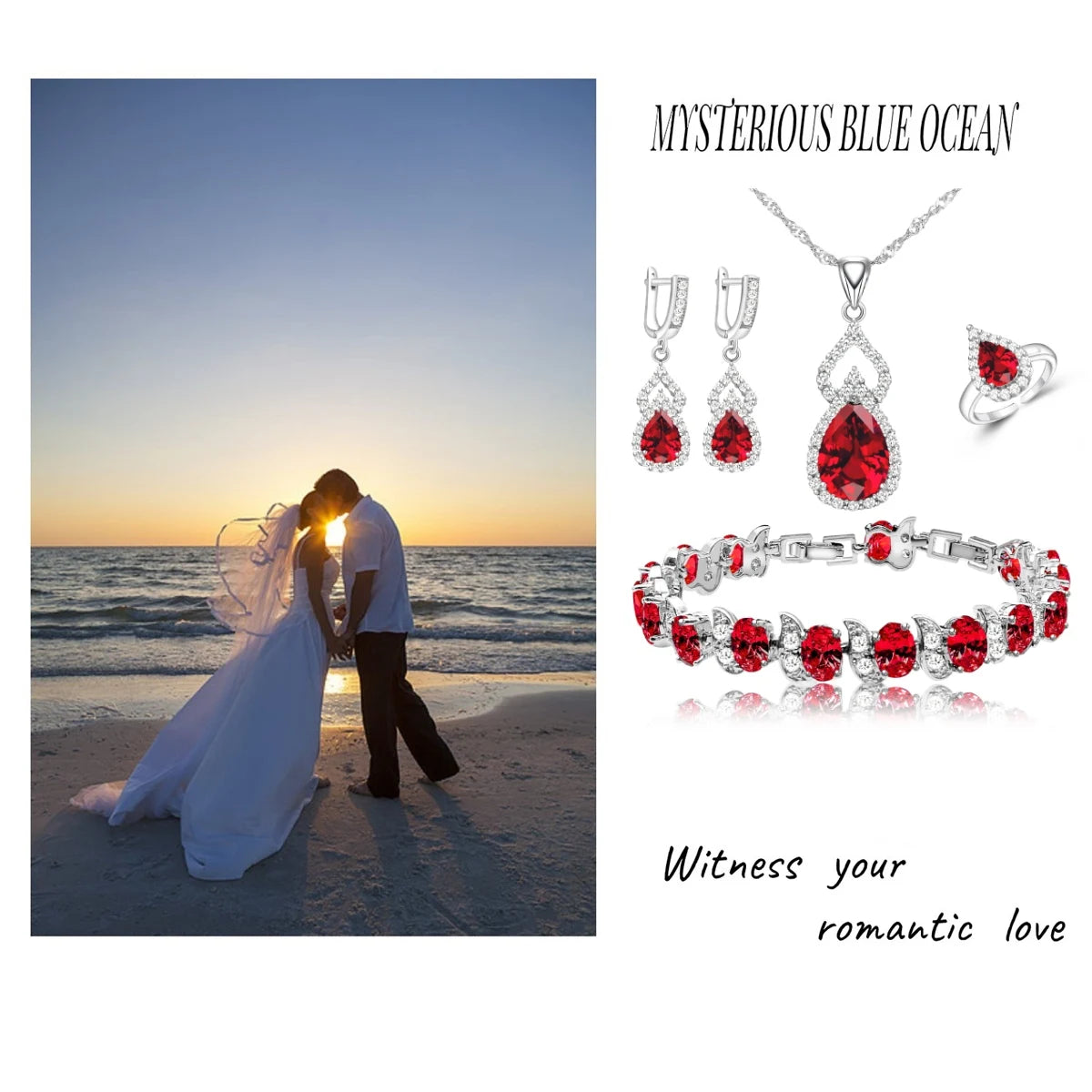 XOTICA Women's Classic Platinum Plated Silver 925 Custom Jewelry Sets Red Zircon Earrings Necklace Ring Bracelets for Engagement