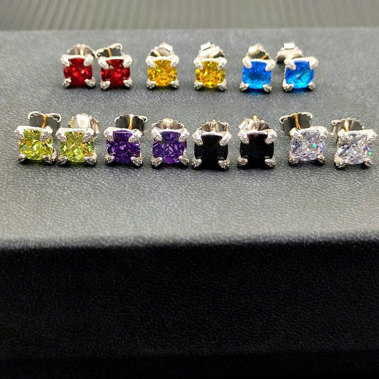 DY High-Quality Silver-Plated 8mm Four-Prong Diamond Earrings. Gold-Plated 8mm Colored Gemstone Earrings. Wholesale Jewelry.