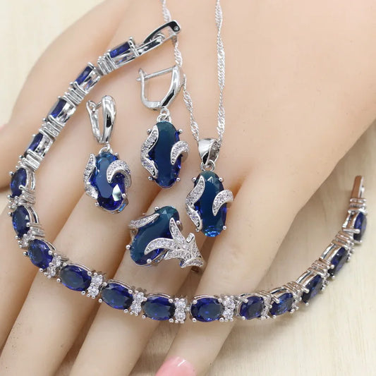 Royal Blue Semi-Precious Silver Color Jewelry Set for Women Includes Bracelet Earrings Ring Classic for Wedding Engagement