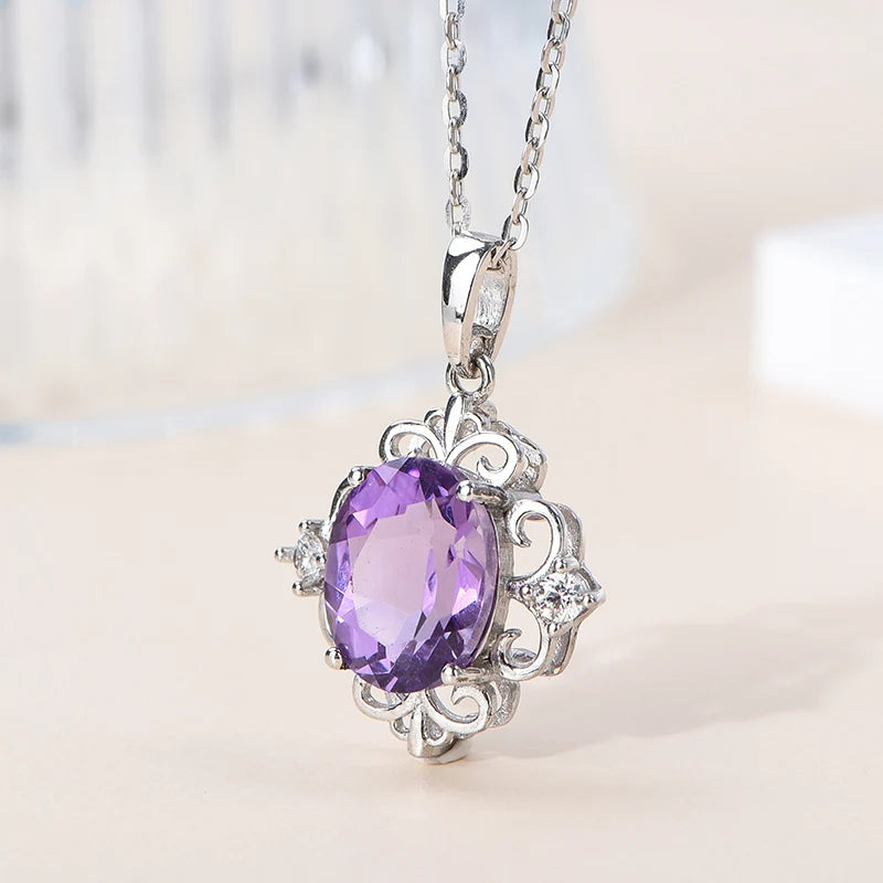 Gioiellieri Handmade 925 Sterling Silver Natural Amethyst Pendant Purple Crystal Healing Stone Necklace Trendy Jewelry for Party or Gift