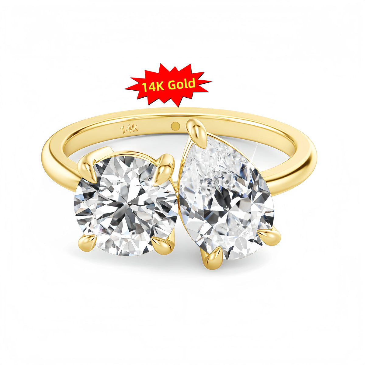 Gioiellieri Elegant 14K Gold Moissanite Diamond Ring Pass Diamond Tester Pear Heart Cut with Two Stones Unique Design for Women