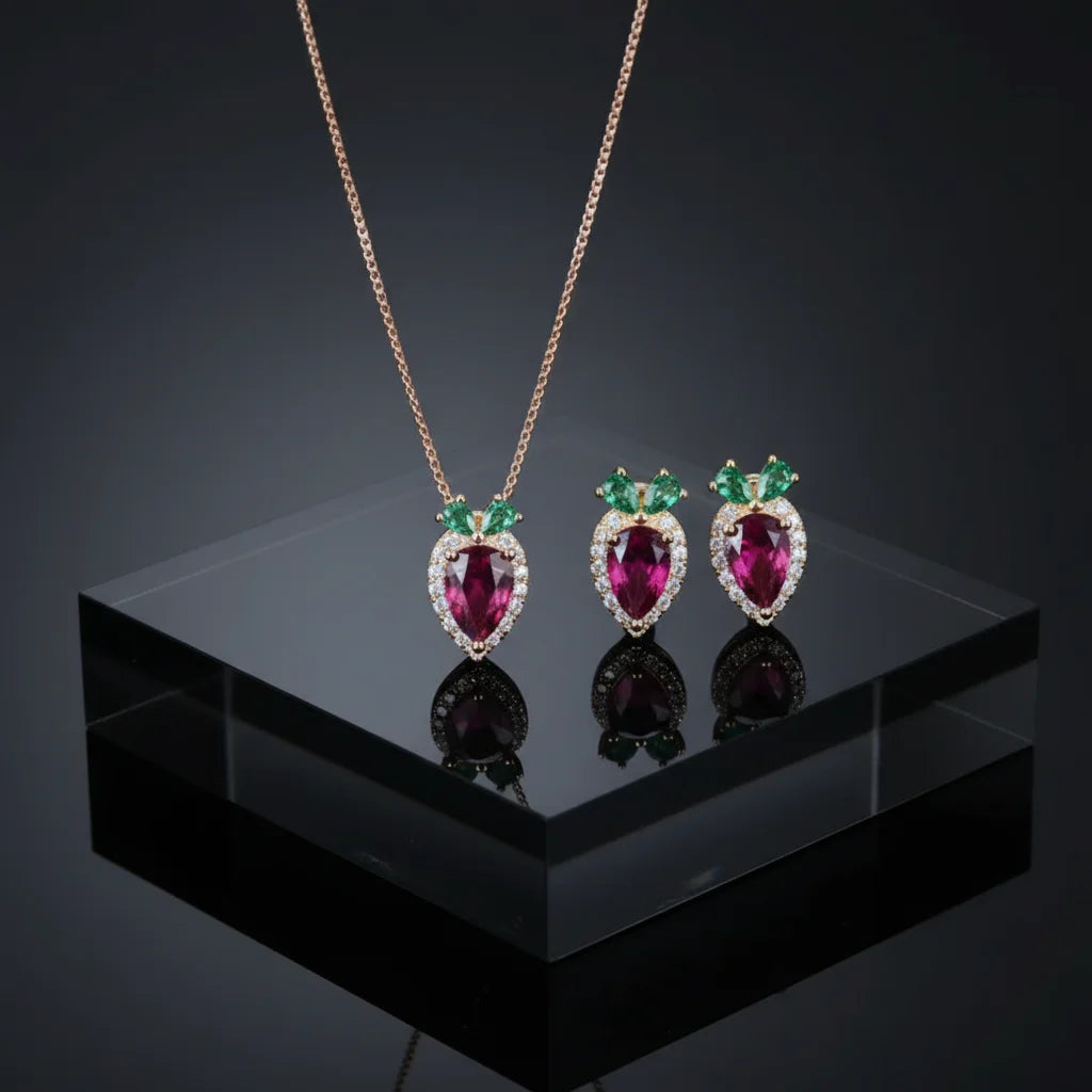 925  Silver Radish Jewelry Set, Gold-plated Natural Garnet Earring Necklace Set, Suitable for Children's and Women's Jewelry