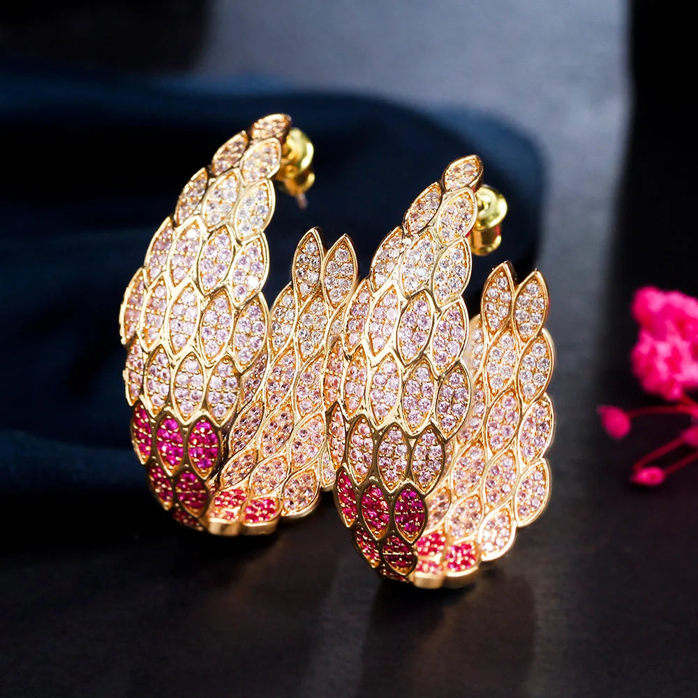 S&S Moon Feather CZ Pavé Double-Sided Hoop Earrings – Gold Plated – Collection