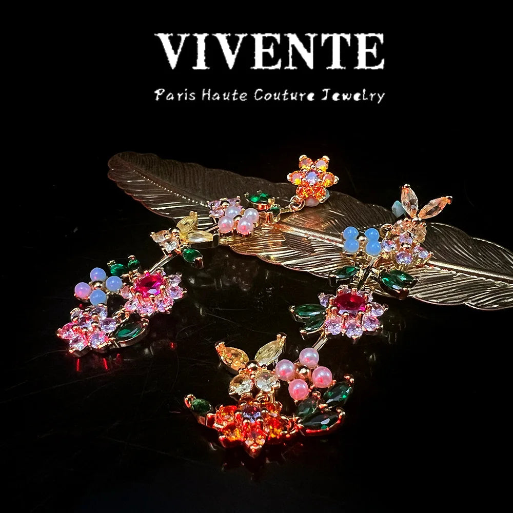 KS New Floral Colored Gemstone Jewelry Set: High-end, Light Luxury, American Niche Design, 24K Copper-plated Necklace, Bracelet