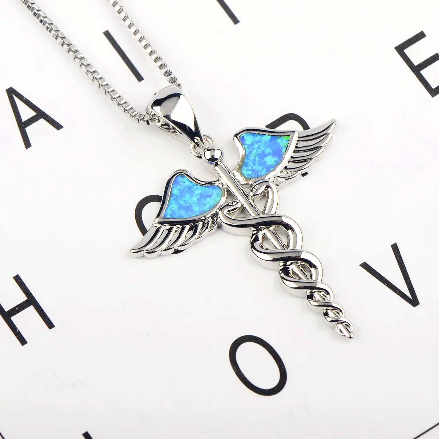 Trendy Winged Caduceus Necklace Aobao Inlaid Pendant Fashion Jewelry