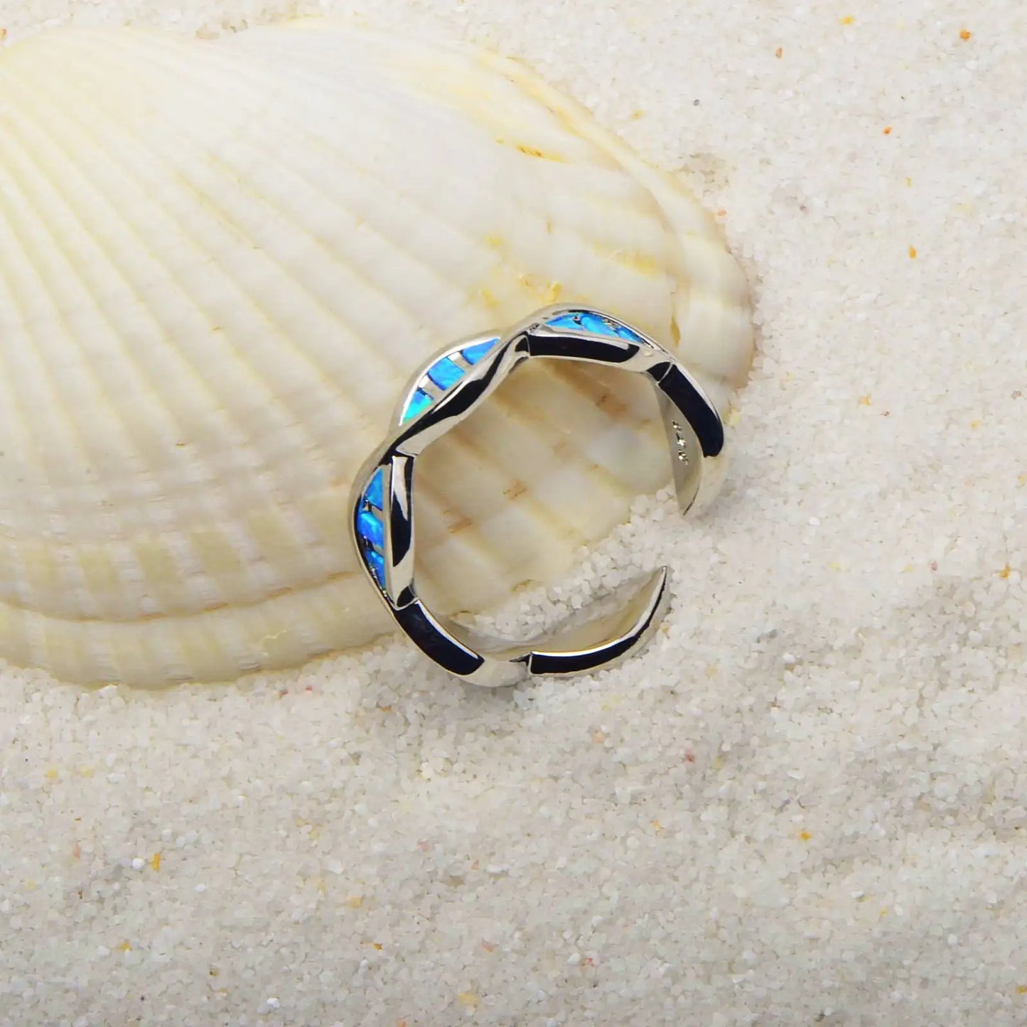 Science Style DNA Double Helix Open Ring | Blue Opal Inlay Stainless Steel Adjustable Finger Ring for Women Men Fashion Jewelry
