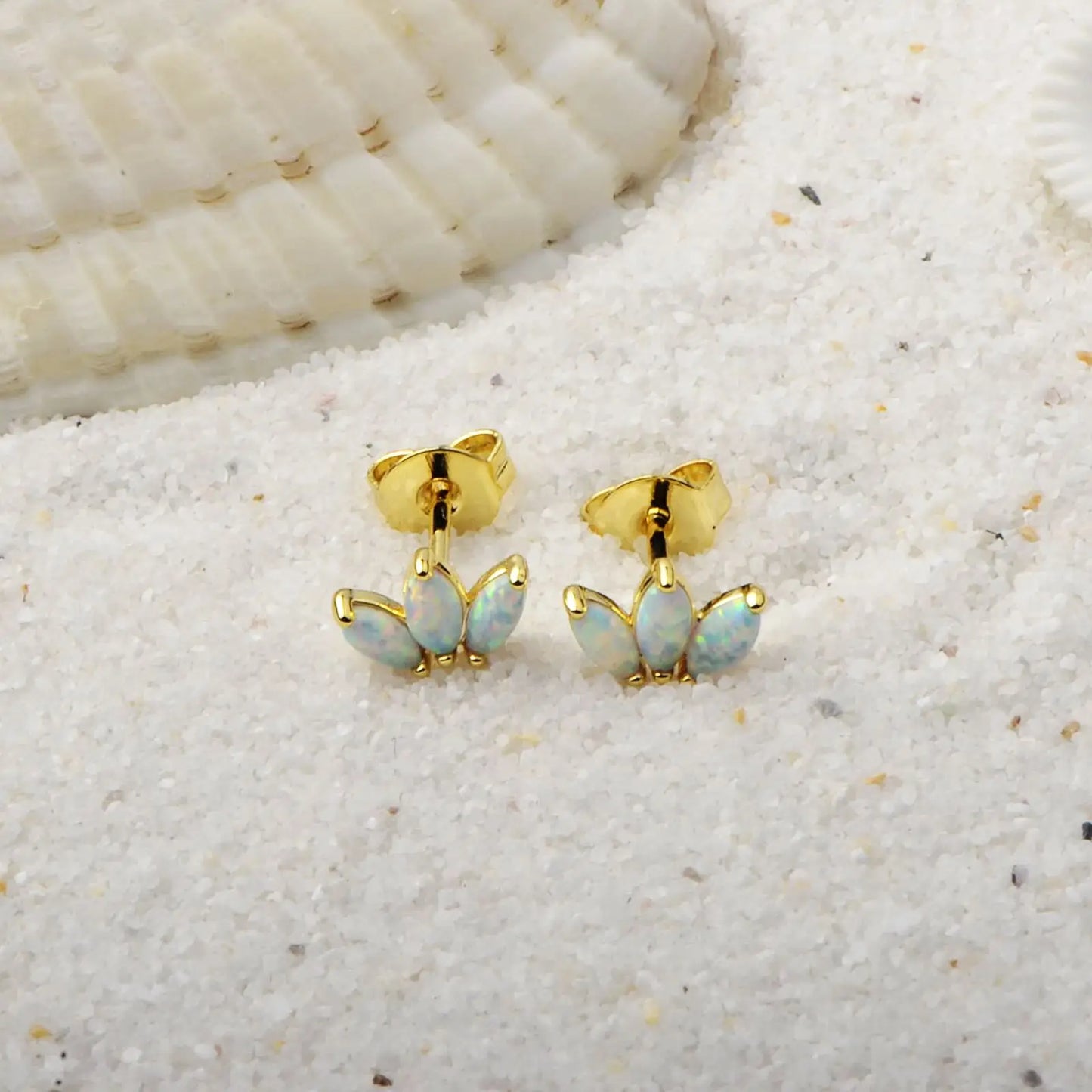 Flower Opal Stud Earrings - Blue Fire Opal Eye Detail Design | Playful Daily Jewelry Bulk Gifts