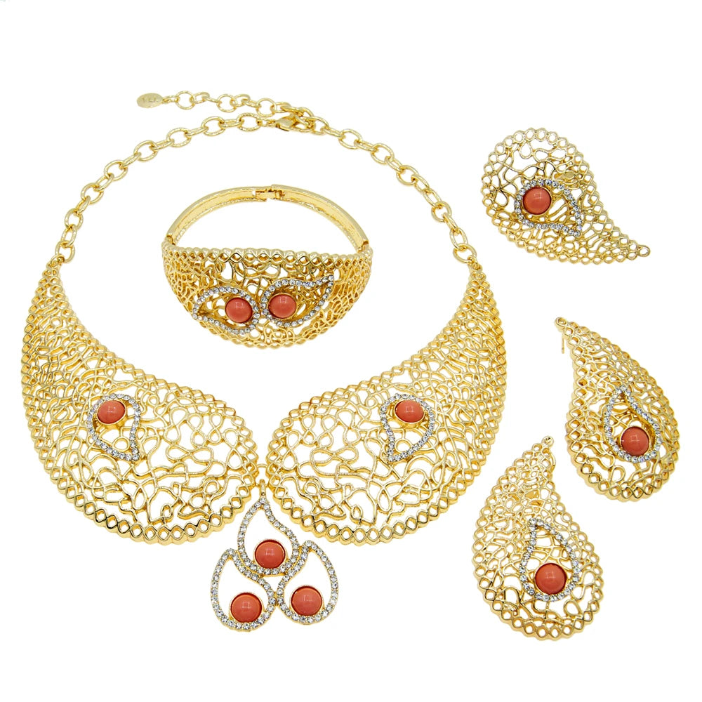 Zhuerrui Exquisite High End Collar Italian Gold Designer Jewelry Sets Music Symbol Pendant Bracelet Earring Ring Jewelry H00550