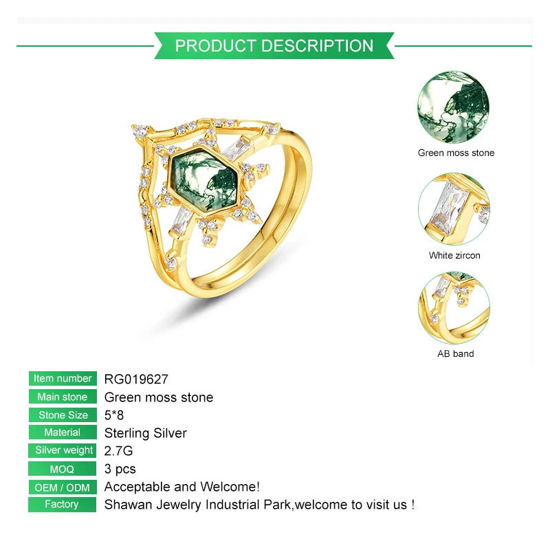 Hexagon Cut S925 Sterling Silver Natural Moss Agate Stack Ring Set Baguette Round White Stone Vintage Bridal Jewelry Gift