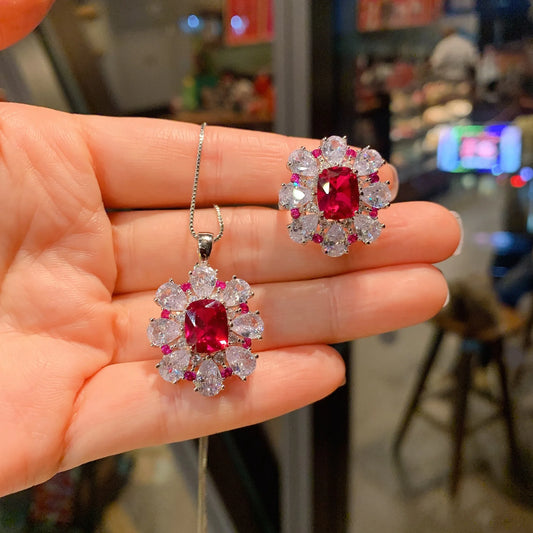 Gemfiori French Style Floral square Zirconia Necklace Personalized and Fashionable Ring Niche High-end Texture Set