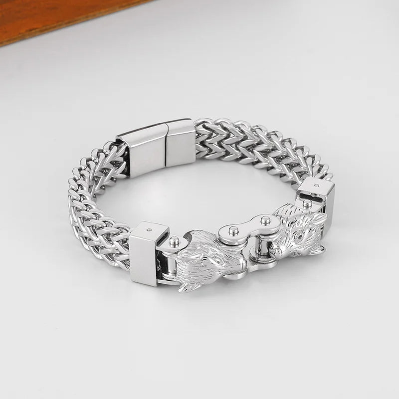 KALEN Men Punk Gold/Silver/Black/Oxidized Black Stainless Steel Wolf Head Charm Herringbone Chain Bracelet