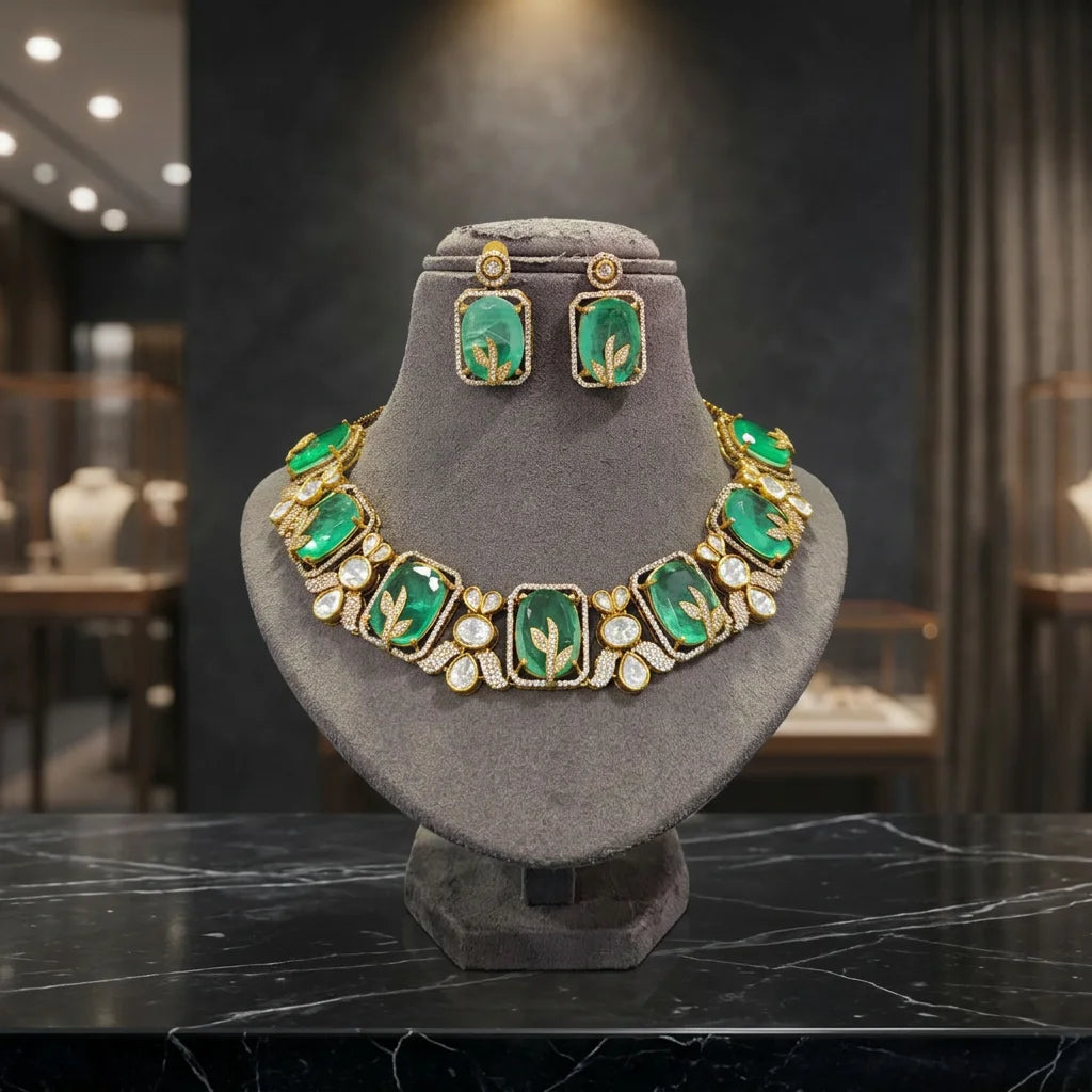 Luxury Emerald Green Leaf Designer Necklace Set with Geometric Stones Floral Motif Party Wedding Jewelry for Women set