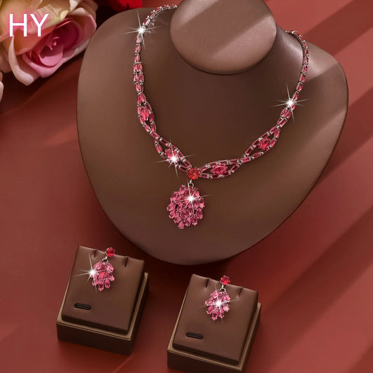 HY  Handmade Zircon Luxury Necklace Earring Set, Fashionable Water Droplet Pendant Jewelry
