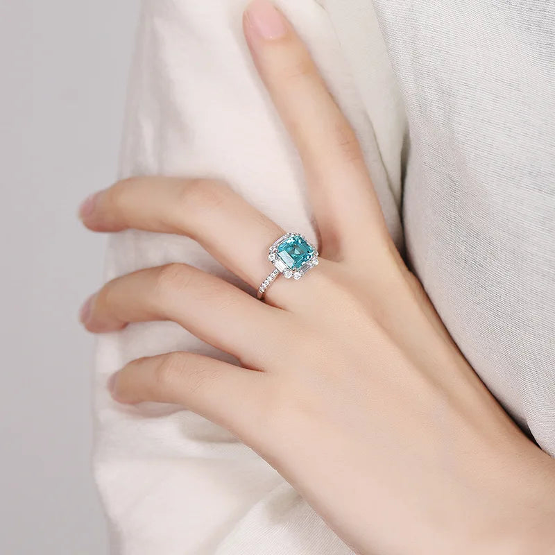 Gemfiori Best-Selling Minimalist Fashionable Haute-Couture Inspired Paraba Tourmaline 925 Silver Quadrilateral Ring Women