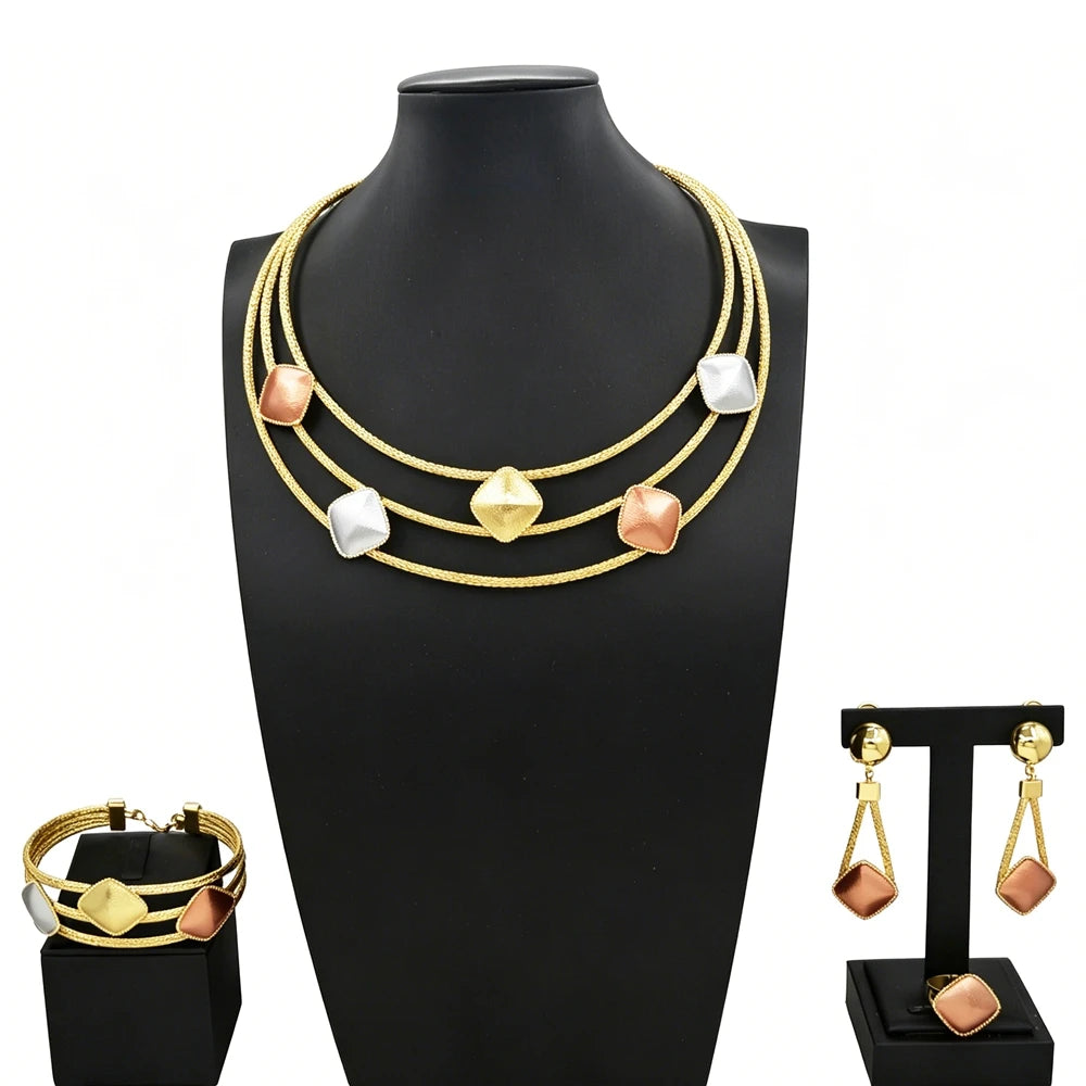 Zhuerrui Three Tone Layered Gold Plated 4Pcs Jewelry Set Necklace Bangle Earrings Ring for Wedding Daily Wear HS26009