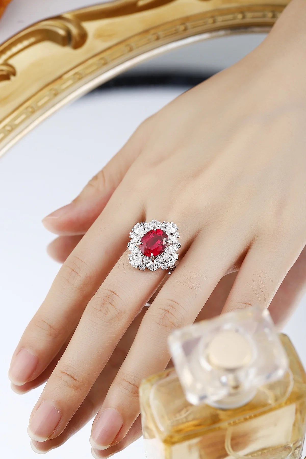 Gemfiori Anster Oval Cut Lab Created Diamonds and Ring S925 Sterling Silver Lab Grown Ruby Women Ring