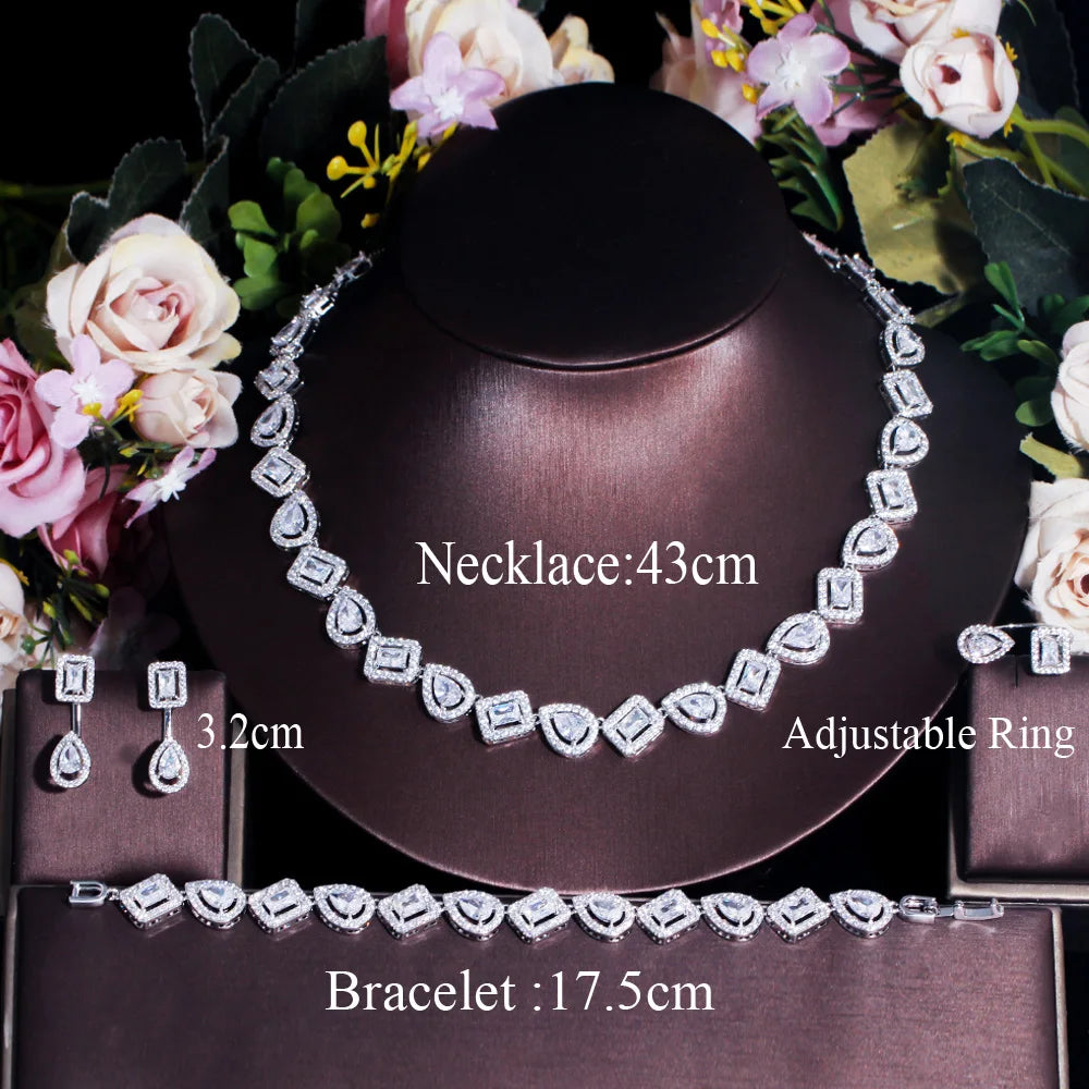 Silver Color Water Drop Cubic Zirconia 4pcs Ring Bracelet Earrings Necklace Luxury Jewelry Sets for Women Weeding CZ Accessories