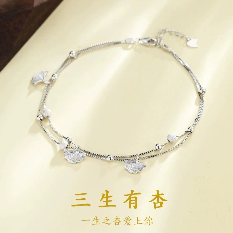 FY-JL033 925 Sterling Silver Anklet Women's Light Luxury Niche Korean Version Versatile High-end Ginkgo
