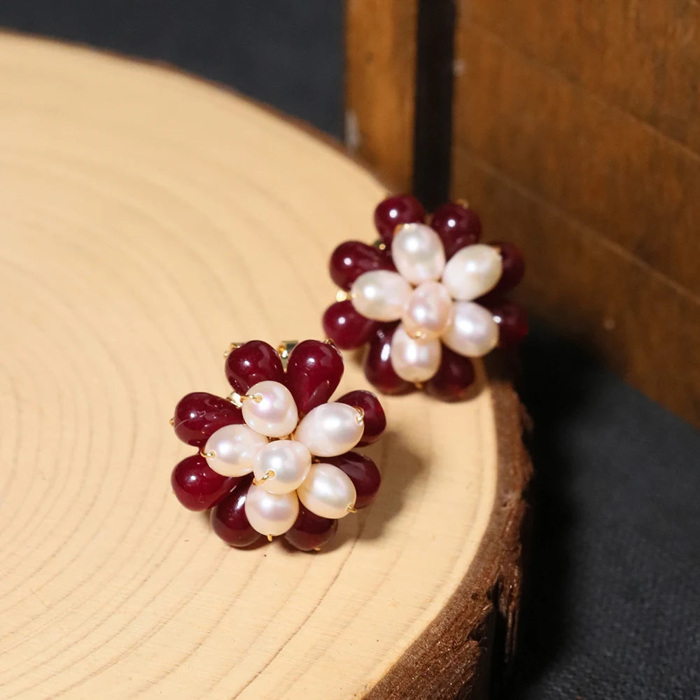 Natural Freshwater Pearl Natural Stone Flower Earrings Korean Style Women Luxury Jewelry Fashion Ladies and Girls Gift GE1588
