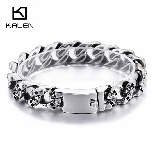 KALEN Gothic Biker Jewelry Punk Charm Bracelets Men 21.5cm Stainless Steel Skull Cuban Link Chain Wrap Bangle