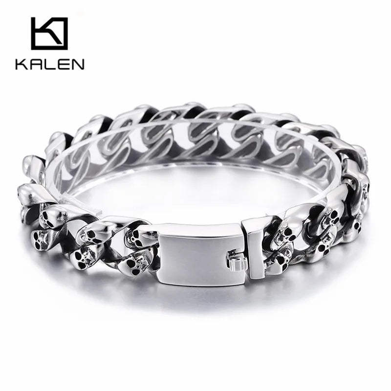 KALEN Gothic Biker Jewelry Punk Charm Bracelets Men 21.5cm Stainless Steel Skull Cuban Link Chain Wrap Bangle