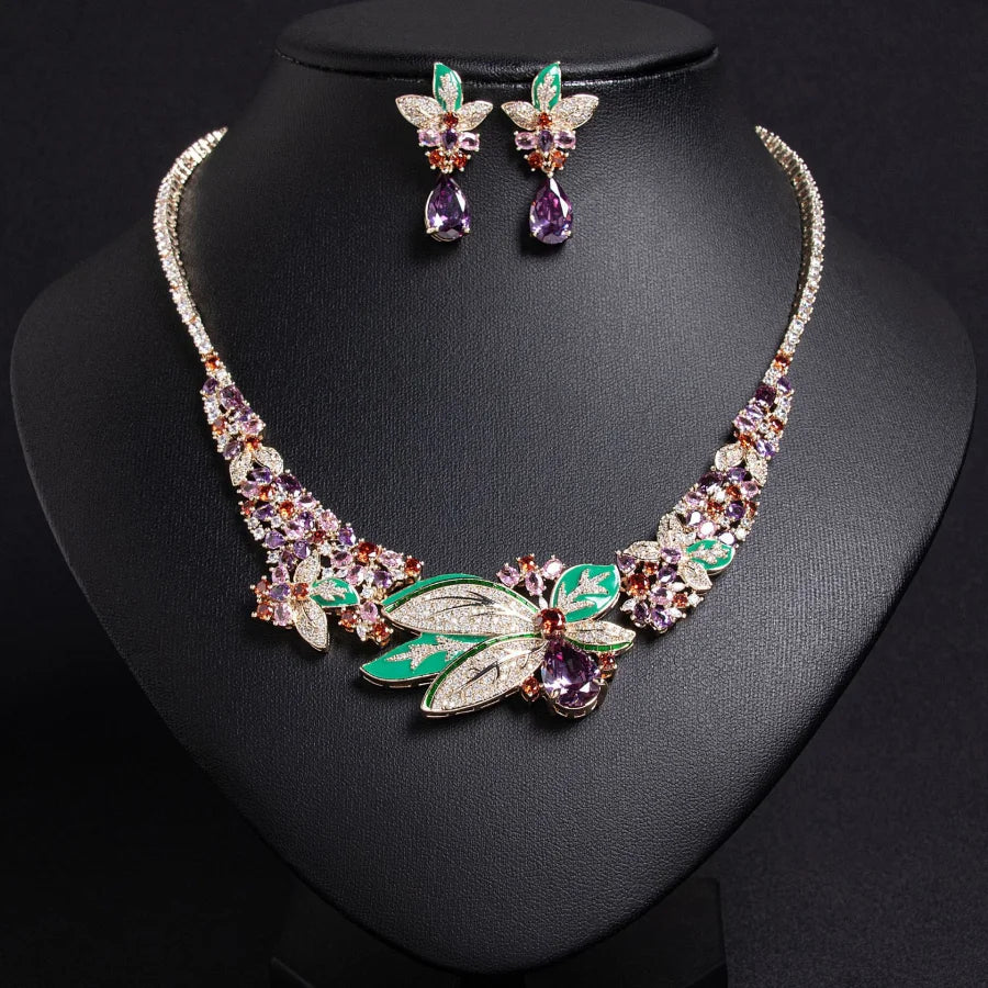 Newest Vintage Platinum Plated Brass Greek Iris Zirconia Dragonfly Necklace Earrings Sets Retro for Anniversary Gift
