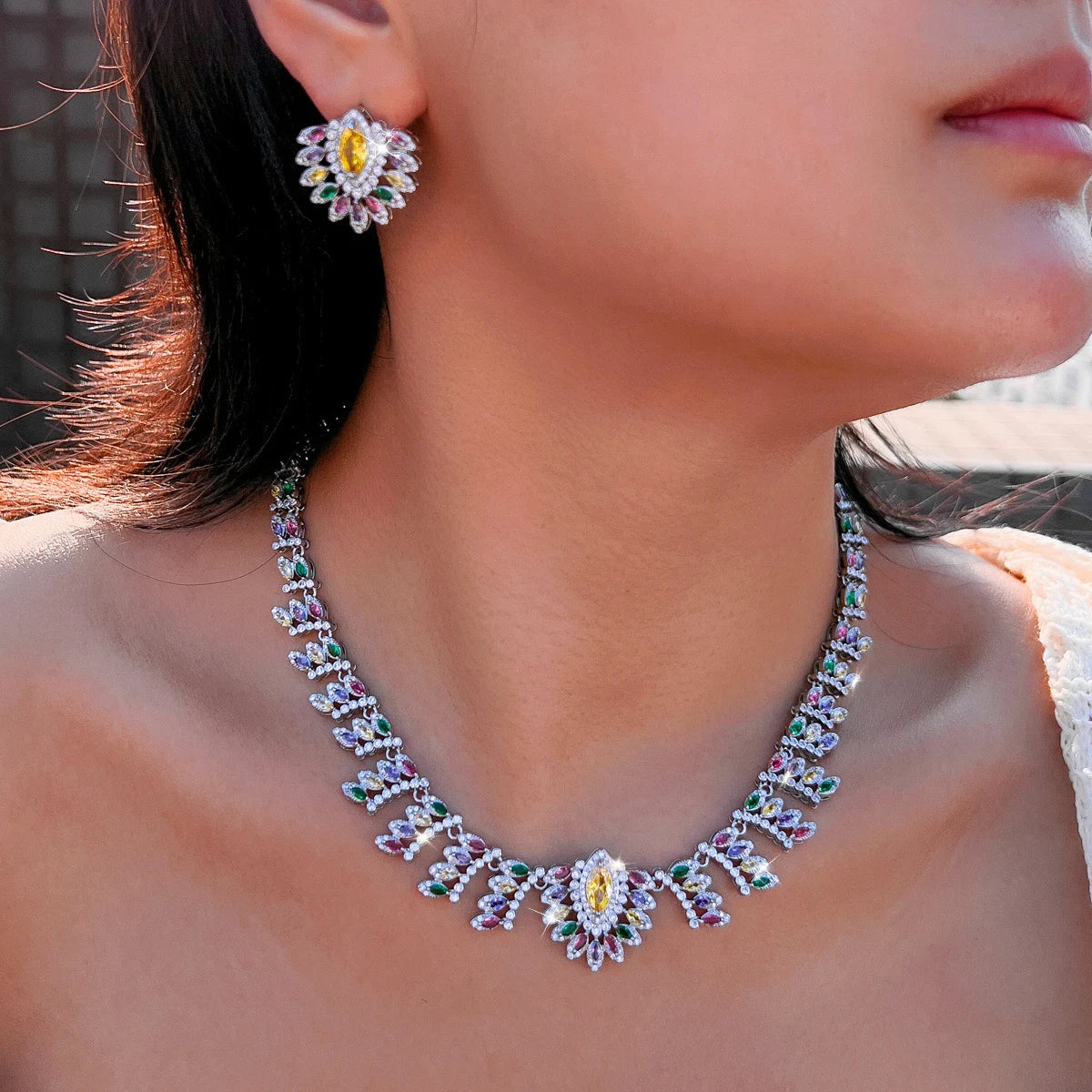 Super Luxurious Jewelry Set Multicolor Zircon Marquise Cut Leaf Necklace Earrings Engagement Wedding Big Jewelry Set for Women