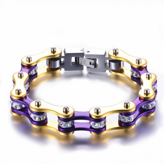 REBEL Motorcycle Chain Ladies Bling Bracelet Gold & Purple Color Link Chain 316 Stainless Steel Bicycle Biker Bracelet