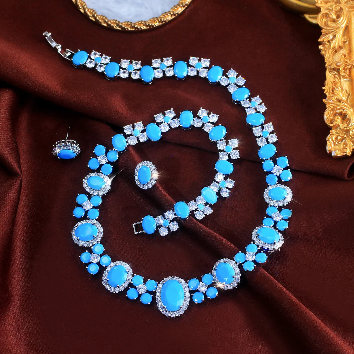 Charming Blue CZ Jewelry Set Turquoise Cubic Zirconia Oval Shaped Necklace Earrings Jewelry Set for Brides Wedding Costume Gift