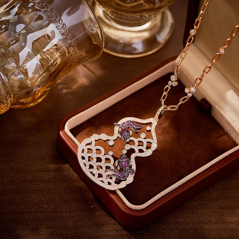 Brass Hollow Small Goldfish Gourd Long Necklace Earrings Two-piece Set Cubic Zirconia Women's Anniversary Gift