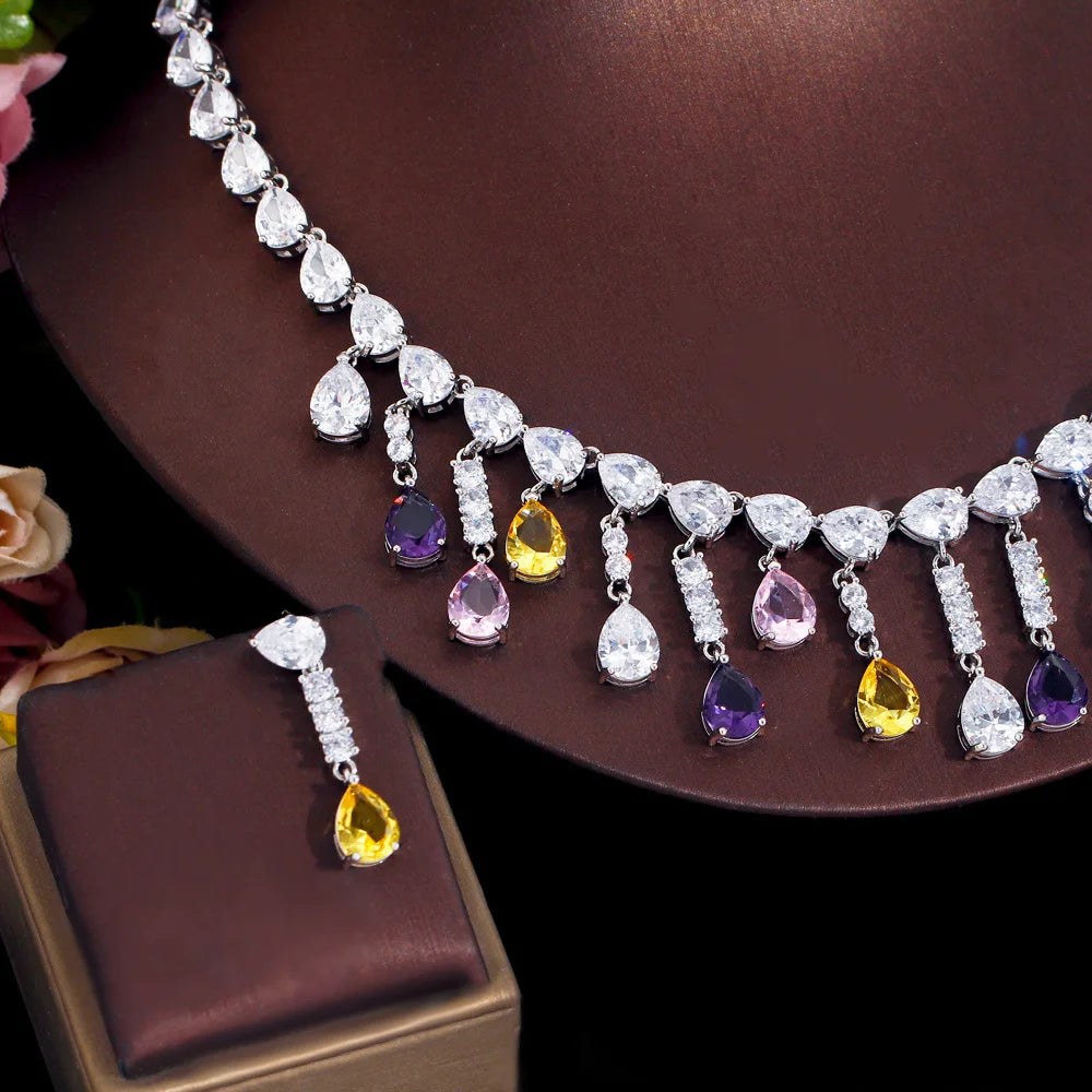 Silver Plated Full Water Drop Multicolor Cubic Zircon Stone Tassel Necklace and Earring Prom Engagement CZ Jewelry Set for Women