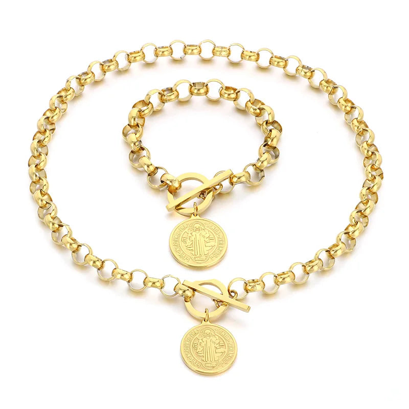 Kalen European and American Portrait Round Pendant Round Bead Chain OT Clasp Hiphop Necklace Stainless Steel Jewelry Set