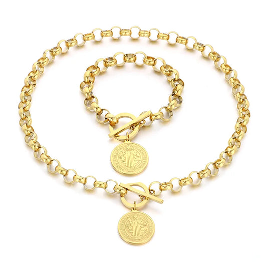 Kalen European and American Portrait Round Pendant Round Bead Chain OT Clasp Hiphop Necklace Stainless Steel Jewelry Set