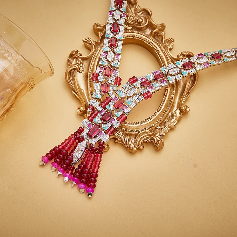 Online Purchase of Red Bead Tassel Necklace Earrings  High-end Inlaid Zircon Handmade Enamel Dubai Fashion Jewelry