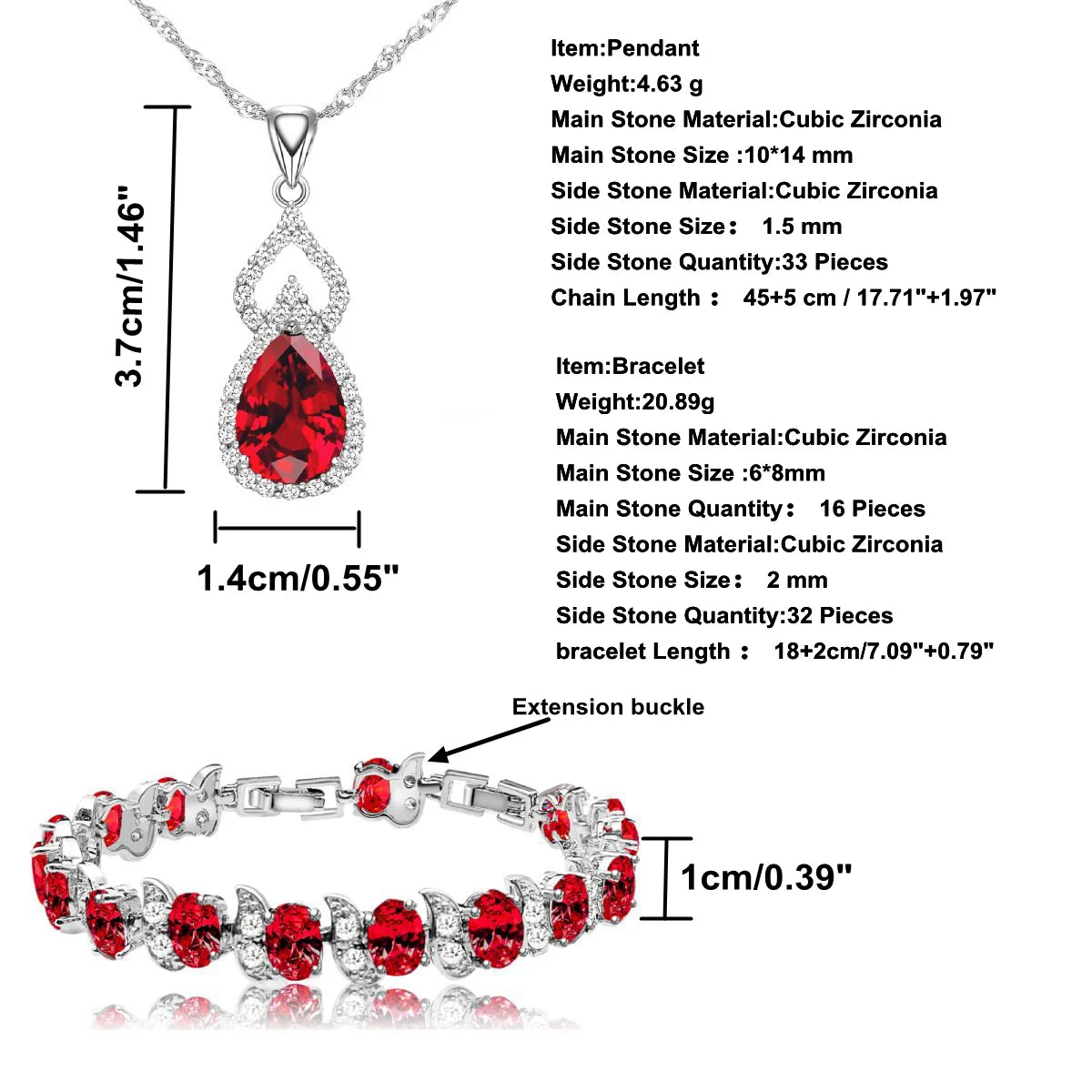 XOTICA Women's Classic Platinum Plated Silver 925 Custom Jewelry Sets Red Zircon Earrings Necklace Ring Bracelets for Engagement