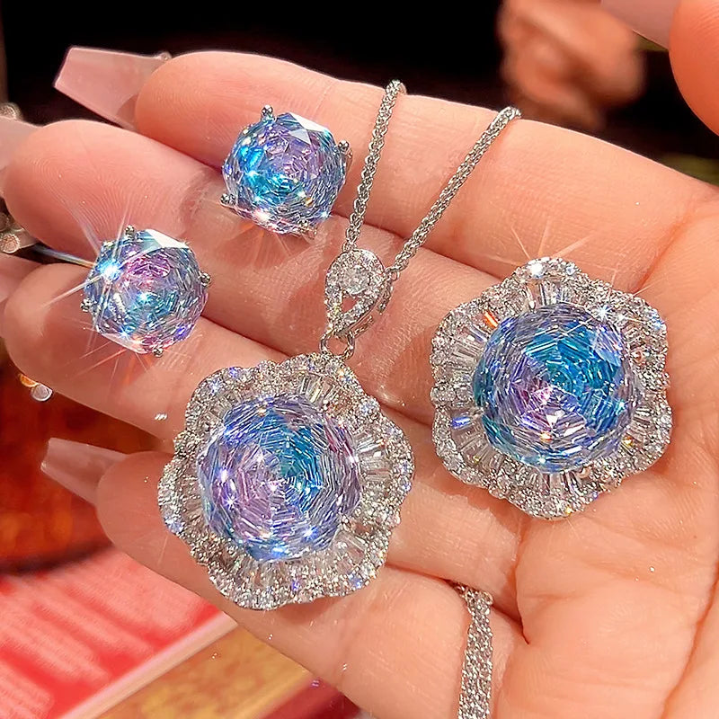 Gemfiori Three Piece Set of High-end Luxury Zircon Gradient Blue Pendant Earrings and Rings in Europe and America