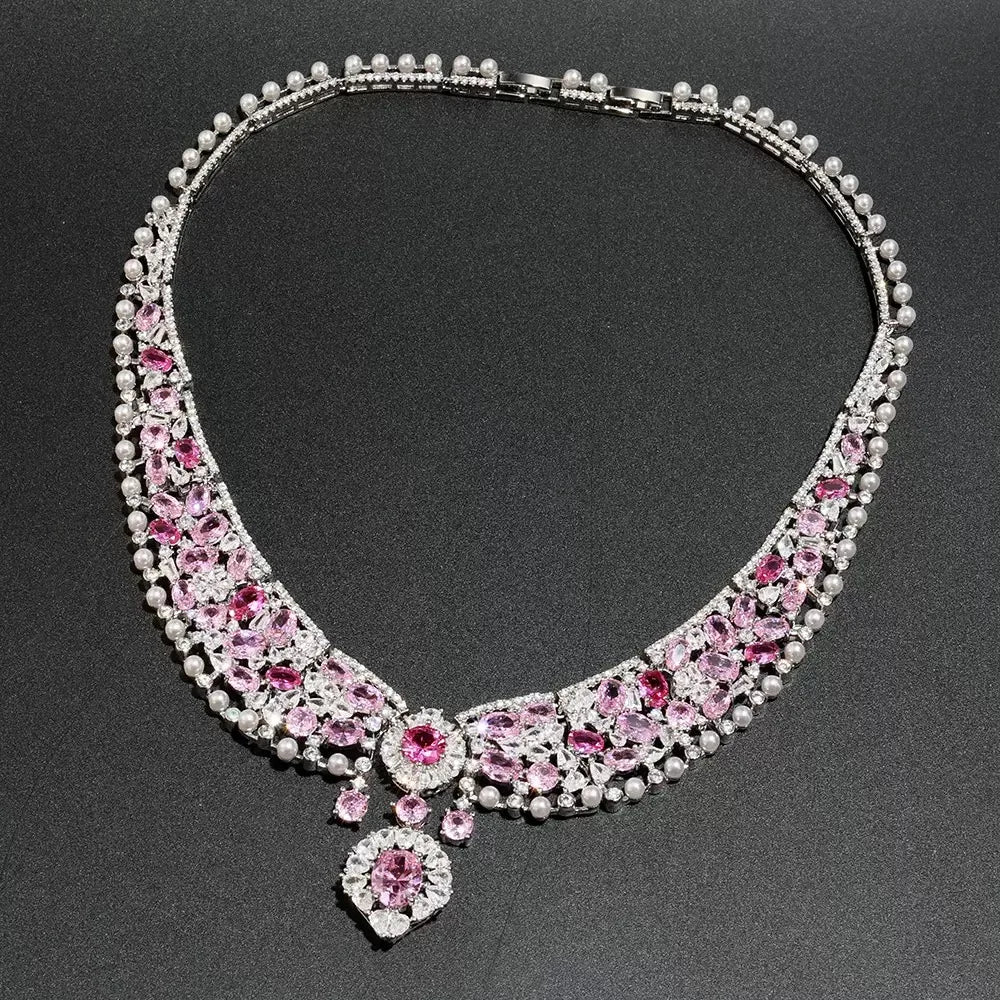 Bella Viva Luxury Pink Bridal Jewelry, Platinum Plated Brass & Cubic Zirconia Necklace and Earring Sets, for Wedding and Party